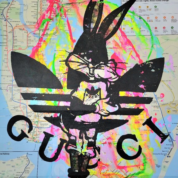 Handmade Other - Handpainted Bugs Bunny Gucci Acrylic Luxury Pop Art on NYC Subway Map Wall Decor